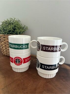Starbucks White Ceramic stackable Mugs Logo Bands Piecrust bottoms set of 4